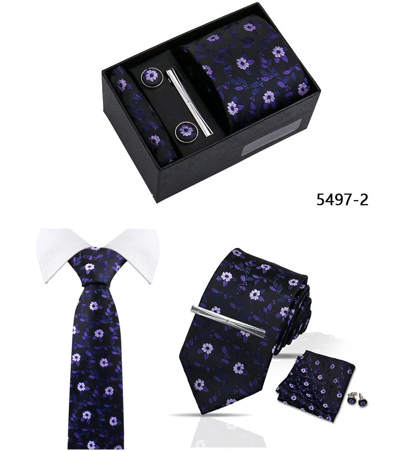 Elegant Men's Suit Necktie Gift Box Set Floral Tie Handchief Cufflinks Tie Clip 4-Piece Business Wedding Party Suit Accessories