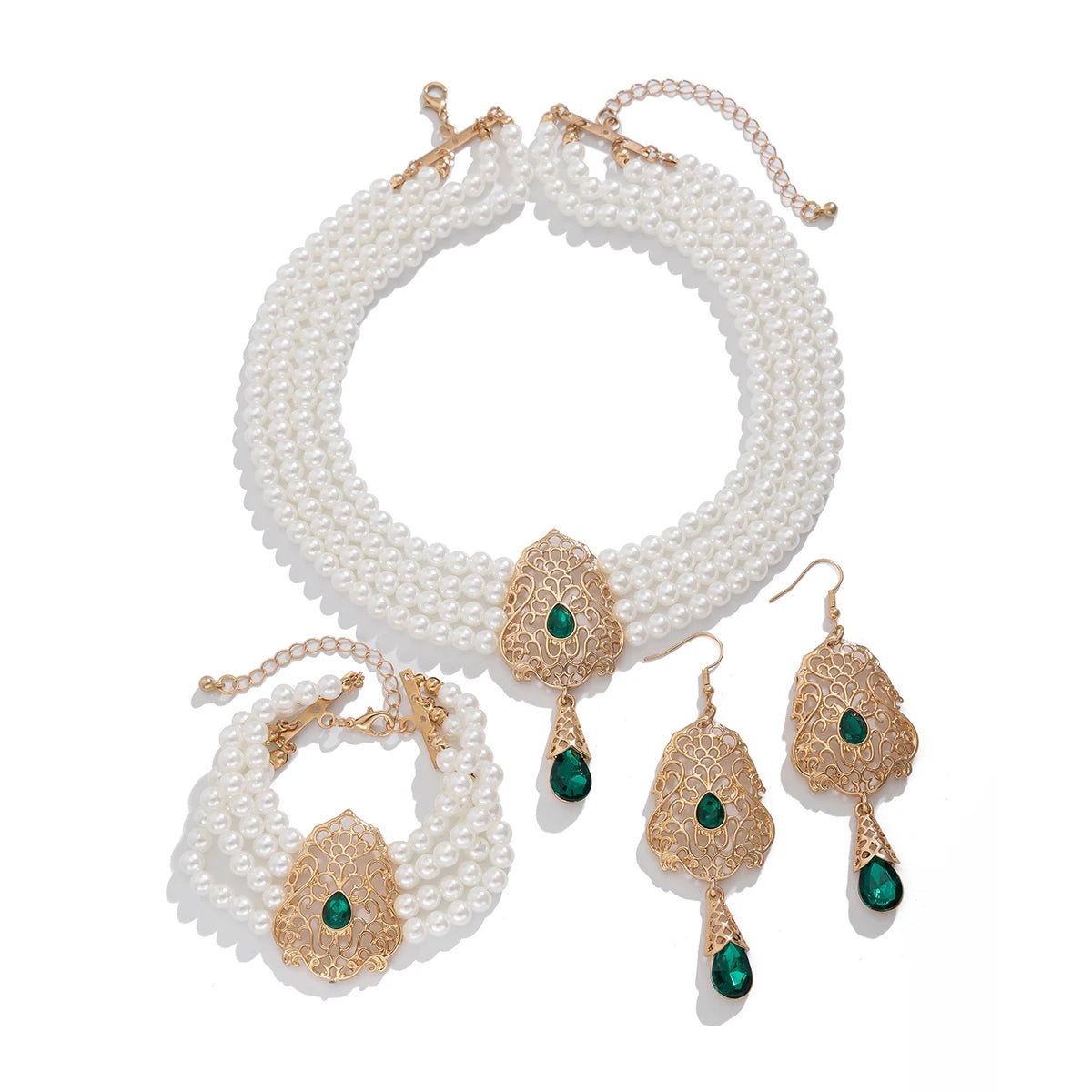 KunJoe Luxus Mehrschichtig Imitation Perlen Halskette Armband Ohrringe Frauen Wassertropfen Grün Strass Choker Hochzeit Schmuck Set