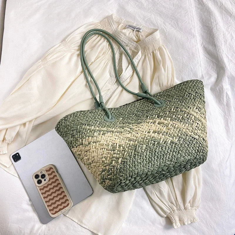 Geantă de plajă de vară, țesută manual, cu capacitate mare, din paie, cu design în gradient de culoare, pentru femei, geantă de umăr pentru călătorii și vacanțe