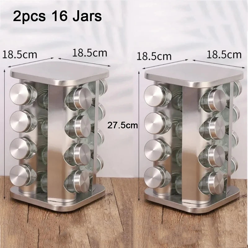 Stainless Steel Spice Rack Rotating Seasoning Set Vertical Spice Sorting Rack Square Condiment Organizer Salt Sugar Containers