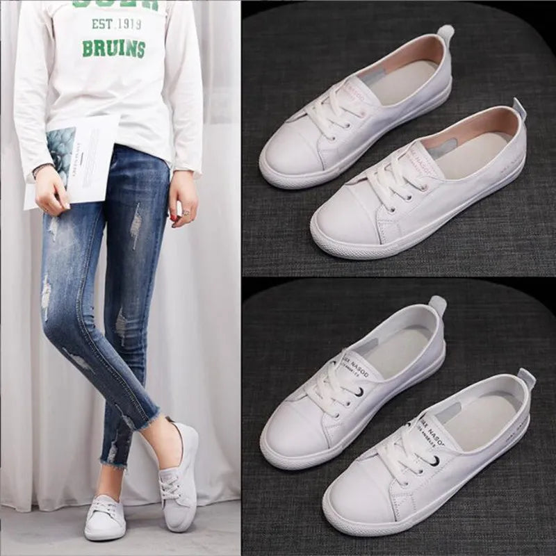 Women's Genuine Leather Sneakers Women Casual Fashionable Sports Shoes Vulcanized Woman Summer Flat Shoe Ladies White Lacing 42