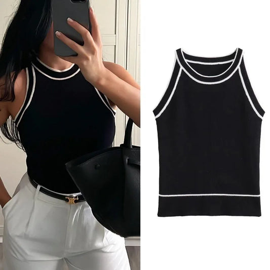TRAF Tops for Women 2023 Crop Top Black elegant Sleeveless Knitted Fabric Women's Vest Tank top Female youthful women's clothing