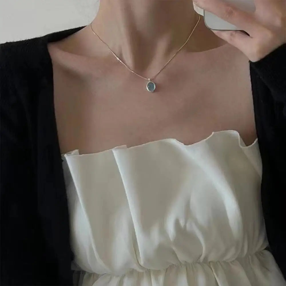 Silver Color Oval Aquamarine Pendant Necklace Ladies Girls Luxury Snake Chain Necklace Fashion Jewelry Gifts For Women New 2024
