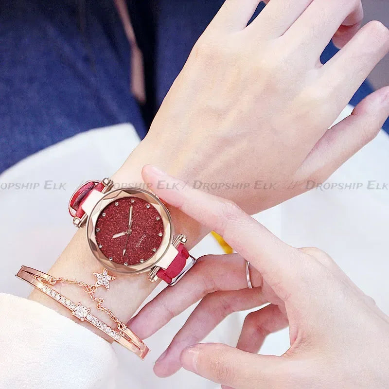 Casual Uhren Damen Romantischer Sternenhimmel - Uhr Armband Leder Strass Designer - Damen Uhr Einfaches Kleid Geschenk