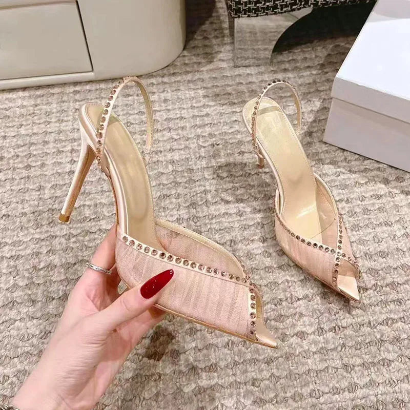 Elegant Women Pointed Toe Rhinestone High Heeled Shoes for Woman's Lace Peep Toe Thin Heels Sandals elegant Ladies Wedding Pumps