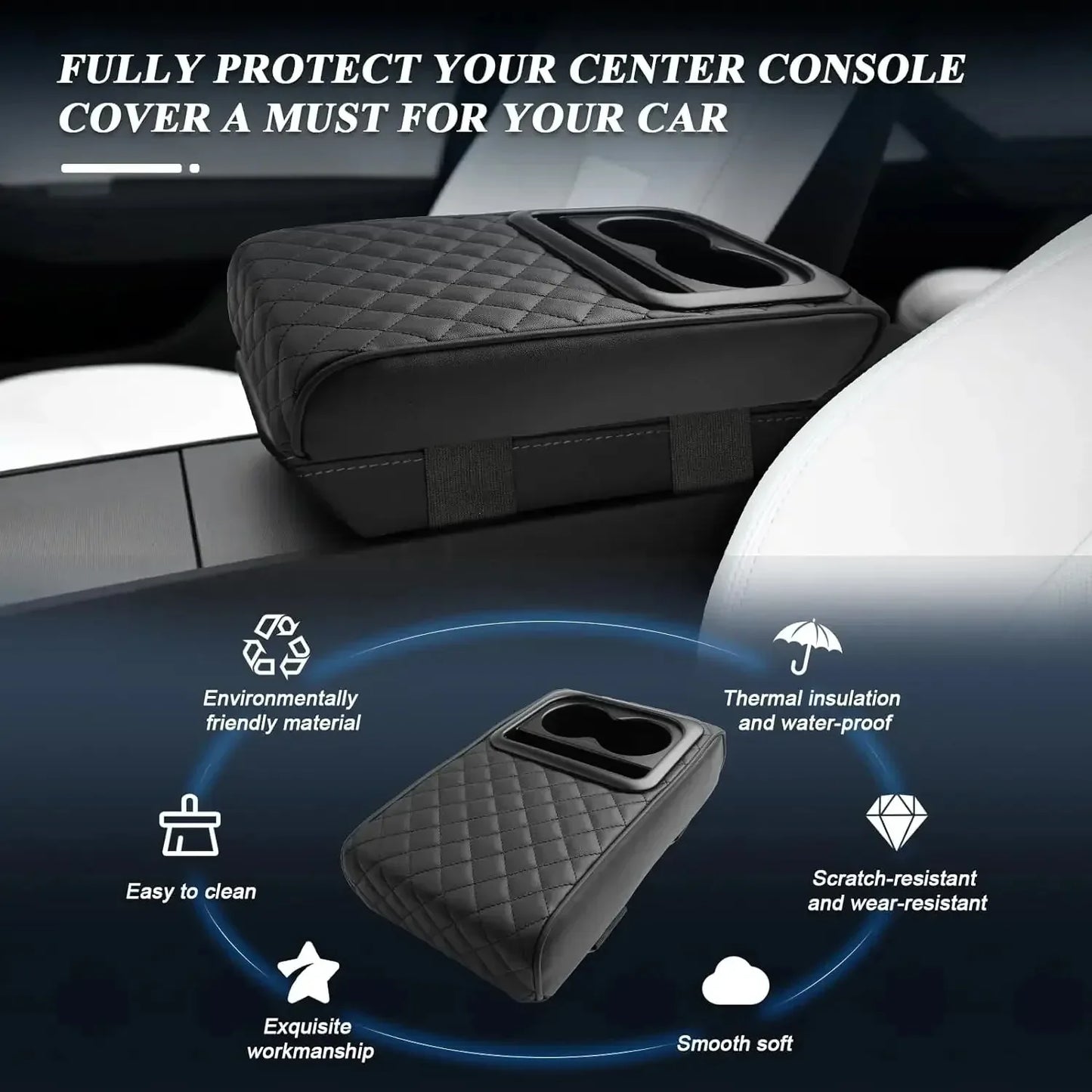 Car Armrest Box Cushion, Auto Center Console Armrest Cushion With 2 Cup Holder PU Leather Armrest Pad Portable Car Amrest Pillow