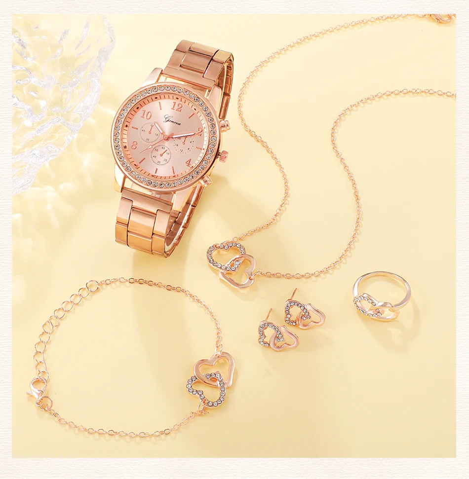 RoséLuxe 6er Set Roségold Schmuckuhr- Strass 38mm Edelstahl
