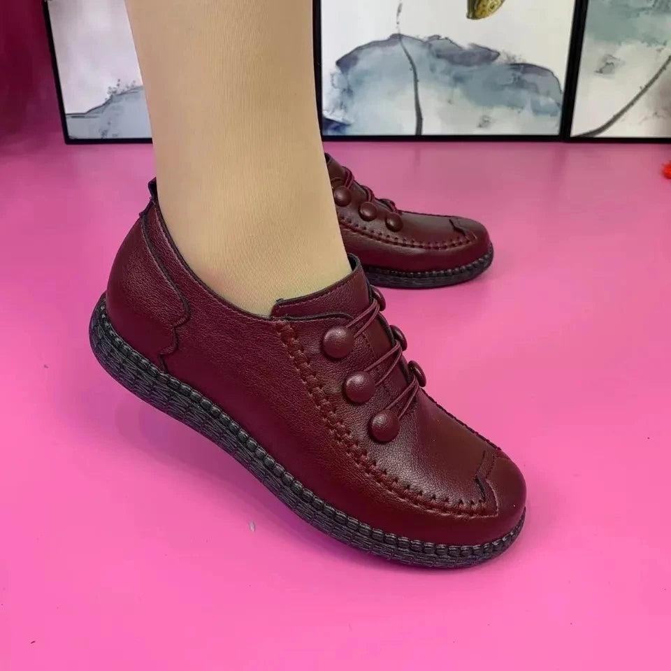 Womens Walking Shoe 2024 Red Spring Leather Shoes Mom Comfort Retro Stitching Flats Wedge Leather Sneakers