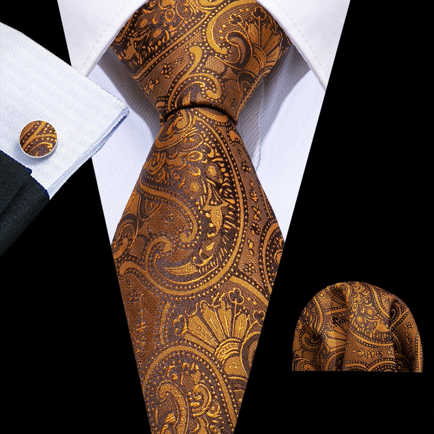 Fashion Silk Men Tie Set Gold Yellow Orange Solid Paisley Striped Plaid Floral Necktie Pocket Square Cufflinks Wedding Business