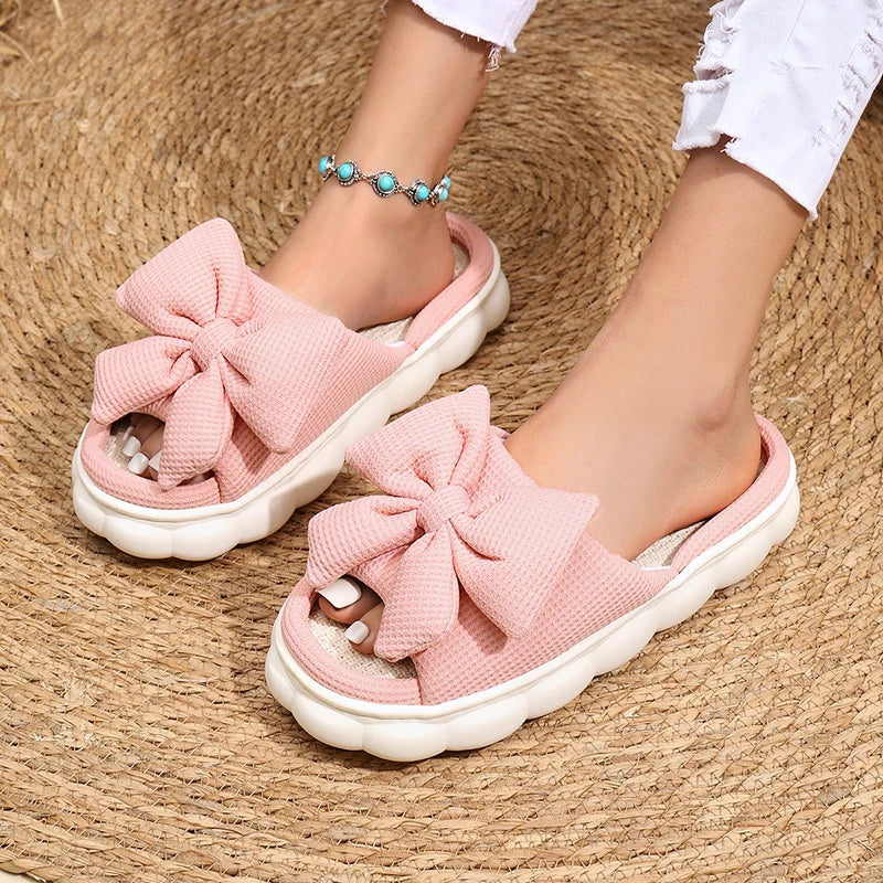 Leinen Casual Platform Hausschuhe 2025 - Frauen Haus Schleife Designer Schuhe - Damen Flats Elegant Heim Mode Lieblich Große Größe