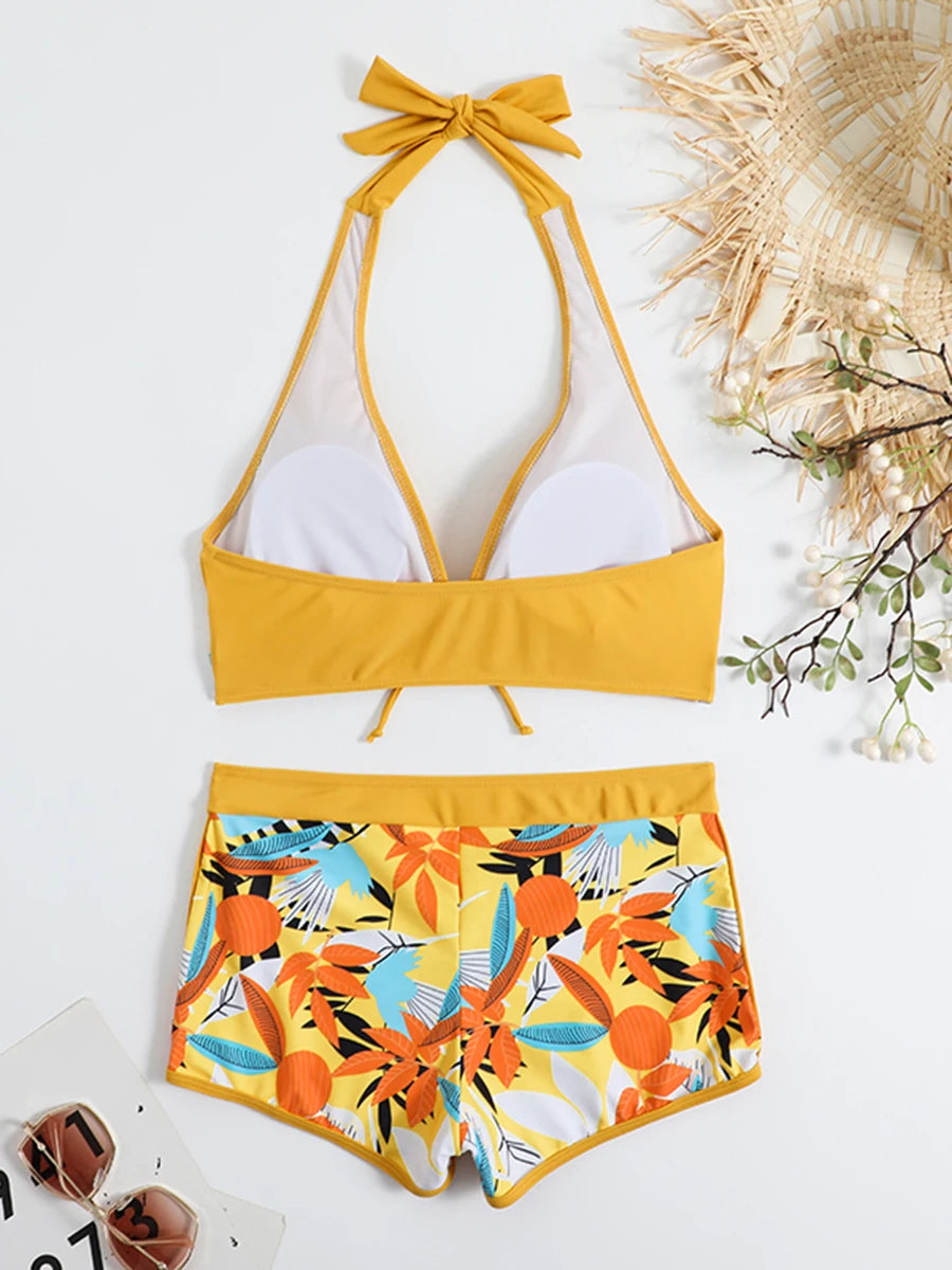 Halter Bikini Set Kurzer Schwimmanzug Frauen High Waist Bedruckte Bademode