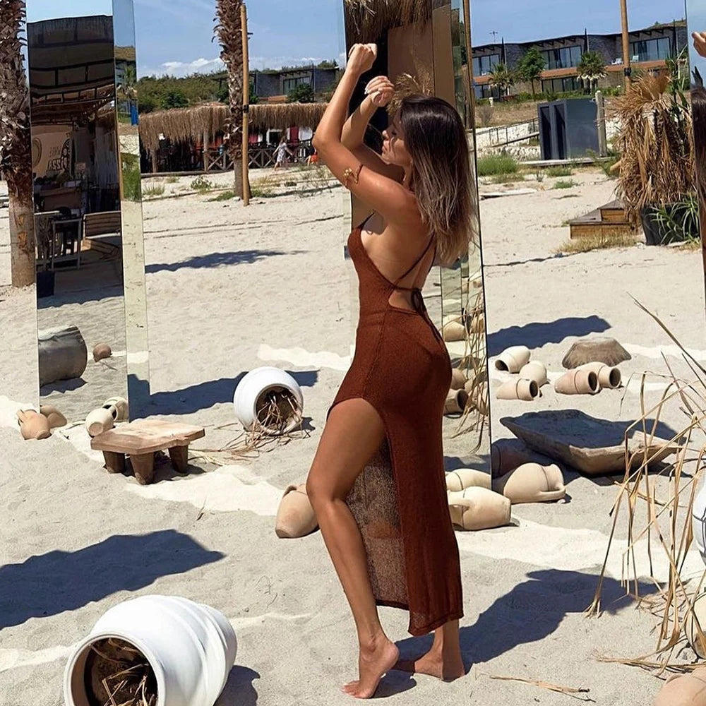 Strandkleid Gestricktes Cover Up Elegant Durchsichtig Maxi Schlitz Bodycon-Schnitt Halter Bikini Cover-Up