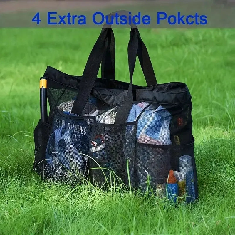 Extra Large Beach Bag - Lightweight, waterproof, foldable, with mesh straps, zippered pockets and fixed shoulder straps