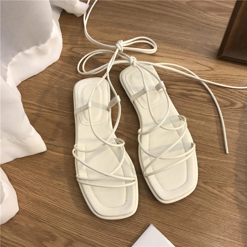 Summer Shoes Women Sandals Narrow Band Vintage Square Toe Flat Cross Strap Thong Sandals V Shape Design Shoes Women