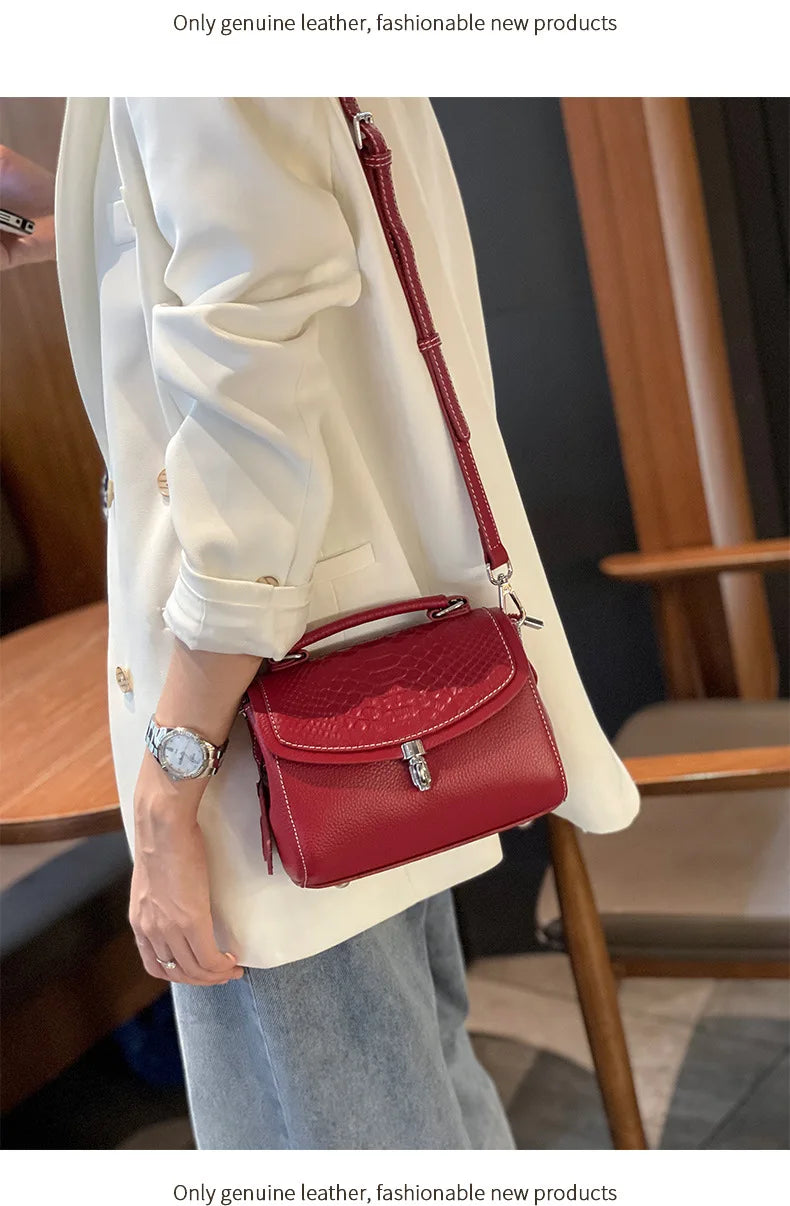Genuine Leather Women Bag Fashionable Purse for Lady Temperament Crossbody Square Shoulder Bag Cow Leather Versatile Handbag
