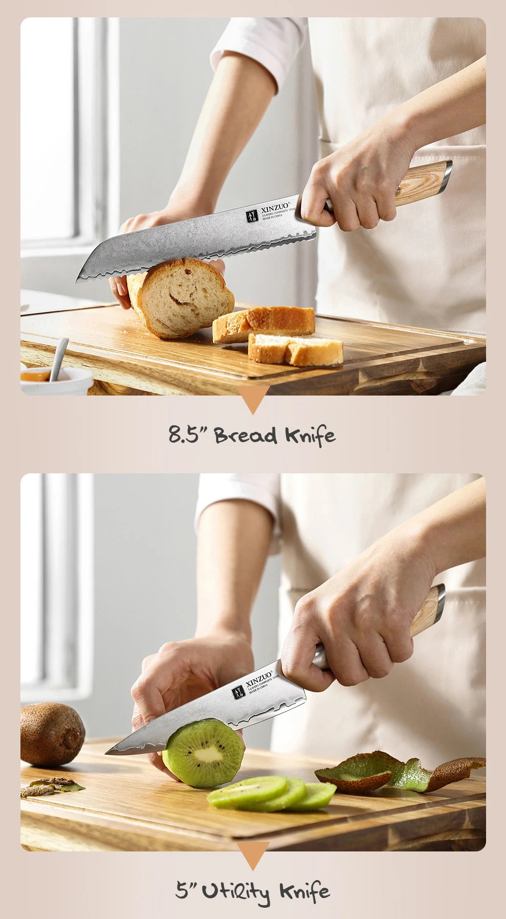 XINZUO 1-5pcs Knife Set Pakkawood Handle Nails 3-layer Clad Steel 60±2 HRC 15°±1 Per Side Kitchen Accessory Tools Best Gift