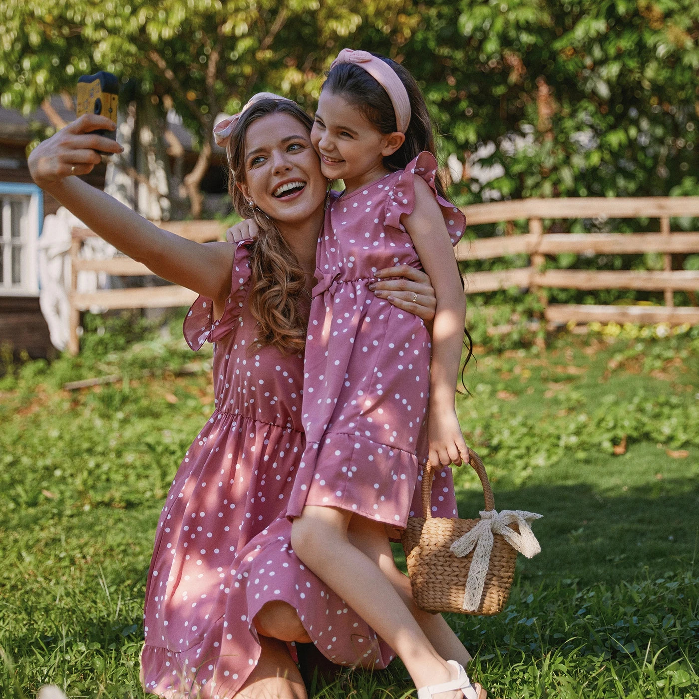 PatPat Family Matching Outfits Mother Daughter Clothes All Over Dots Pink Cross Wrap V Neck Ruffle Flutter-sleeve Dresses