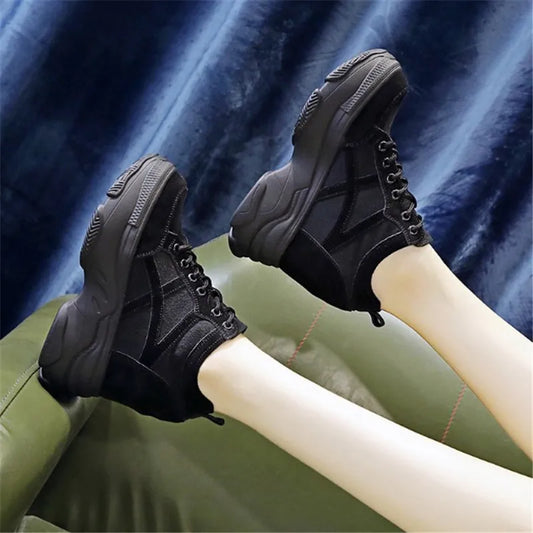 Pantofi sport pentru femei, pantofi sport din piele, platformă, casual, negri, cu toc de 11CM, toc de toamnă, respirabili, cu pantofi pentru femei care cresc înălțimea, noi