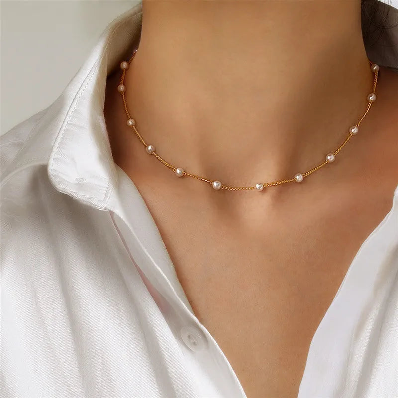Fashion Chain Pearl Necklace For Women Baroque Pearl Metal Charm Pendants Necklaces Choker Bead Chain Jewelry Gifts chains