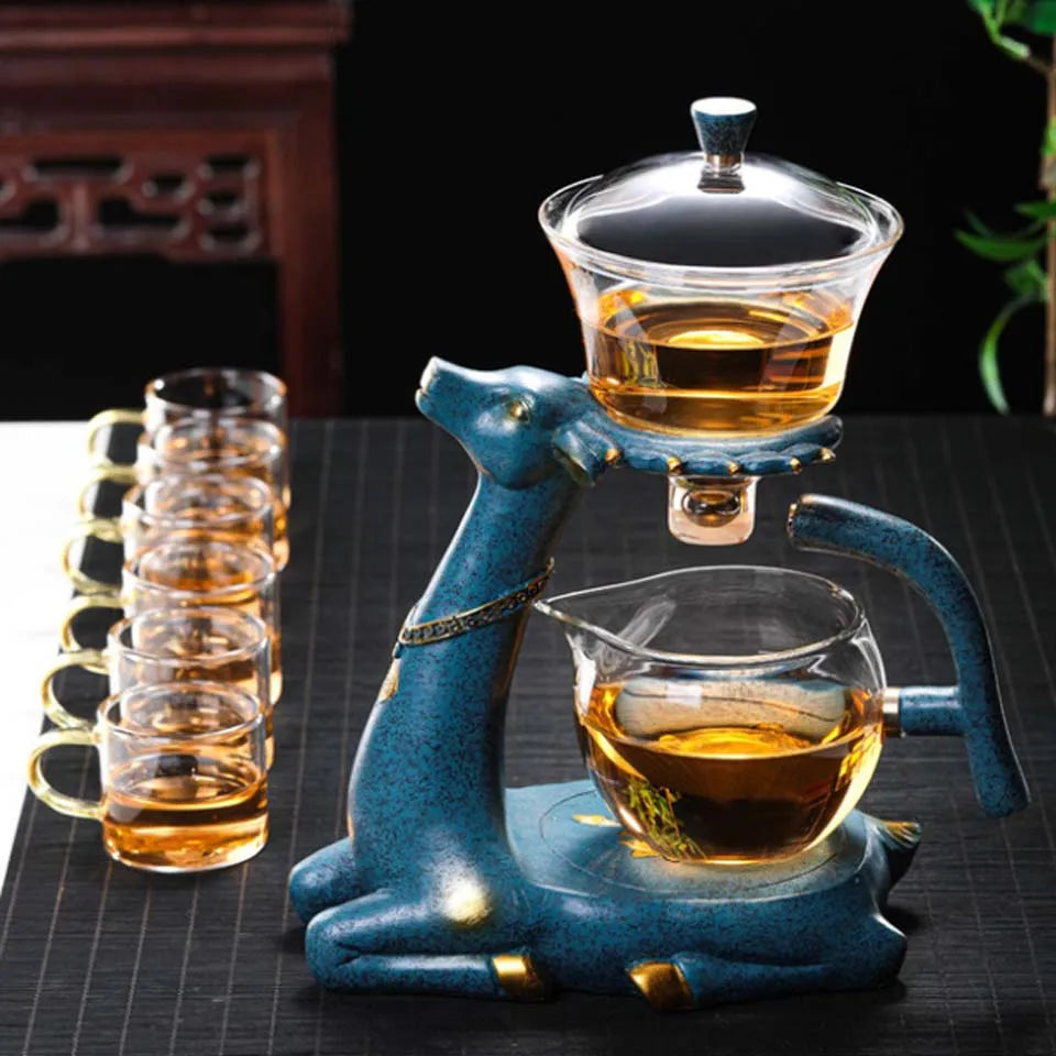 BOZZH-Kungfu Glass Tea Set, Creative Deer Teapot, Magnetic Water Diversion, Tea Infuser, Turkish Drip Pot with Base