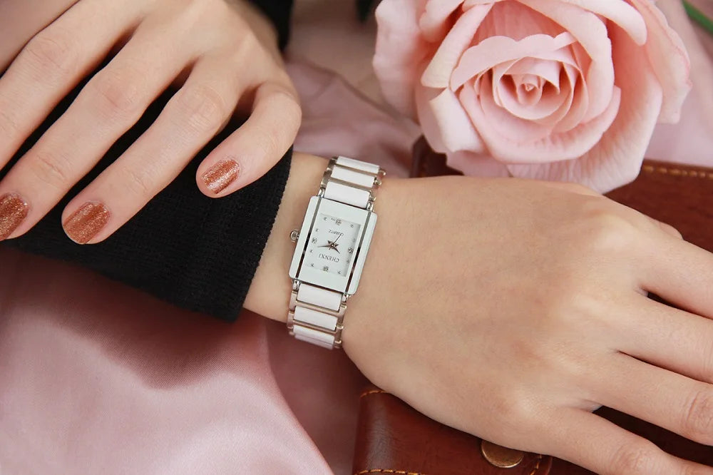 Luxury Brand CHENXI Elegant Women Watch Rhinestone White Silver Simple Stylish Ceramics Bracelet Quartz Casual Lady Wristwatch