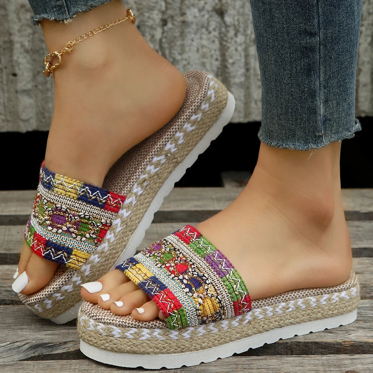 Gewebte Damen Pantoletten Platform - Sommer Schuhe für Damen 2025 Neu - Strand Casual Absatz Sandalen Bohemian Handgemacht Espadrilles