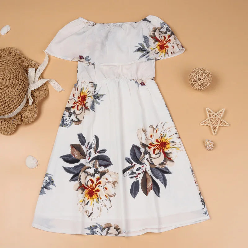 New Mother Daughter Summer Dresses Floral Slash Neck Beach Chiffon Dress Mom Mommy and Me Loose Dress Family Matching Outfits