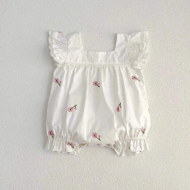 New Summer Collection: Newborn Girls' Lace Flutter Sleeve Embroidered Floral Cotton Jumpsuits, Adorable Infant Bodysuits