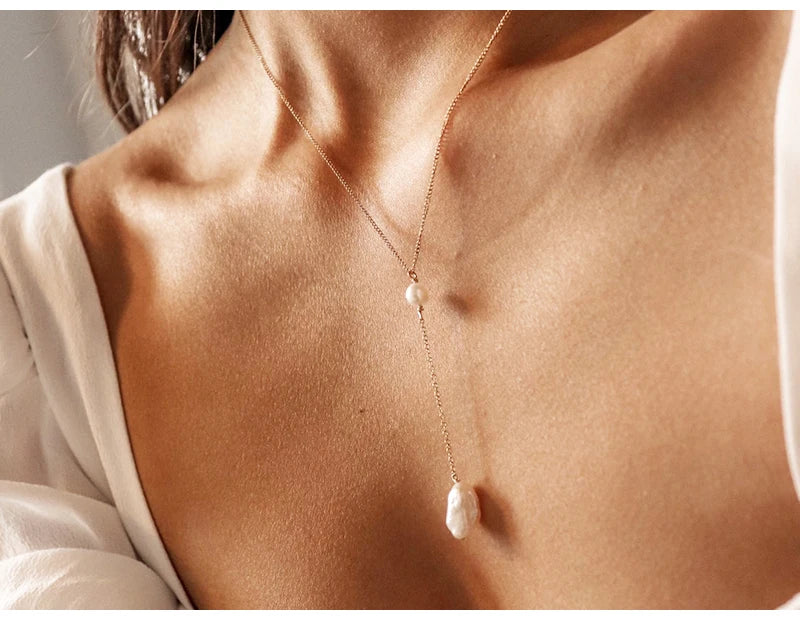 Baroque Pearl Pendant Silver Y Necklace Handmade 14K Gold Filled Choker Boho Collier Femme Kolye Collares Women Jewelry Necklace