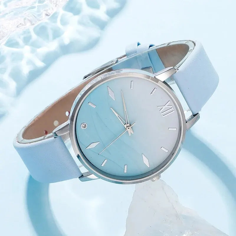 Moda 6er Set Quarz Uhr Damen - Blau Strass Leder 18mm