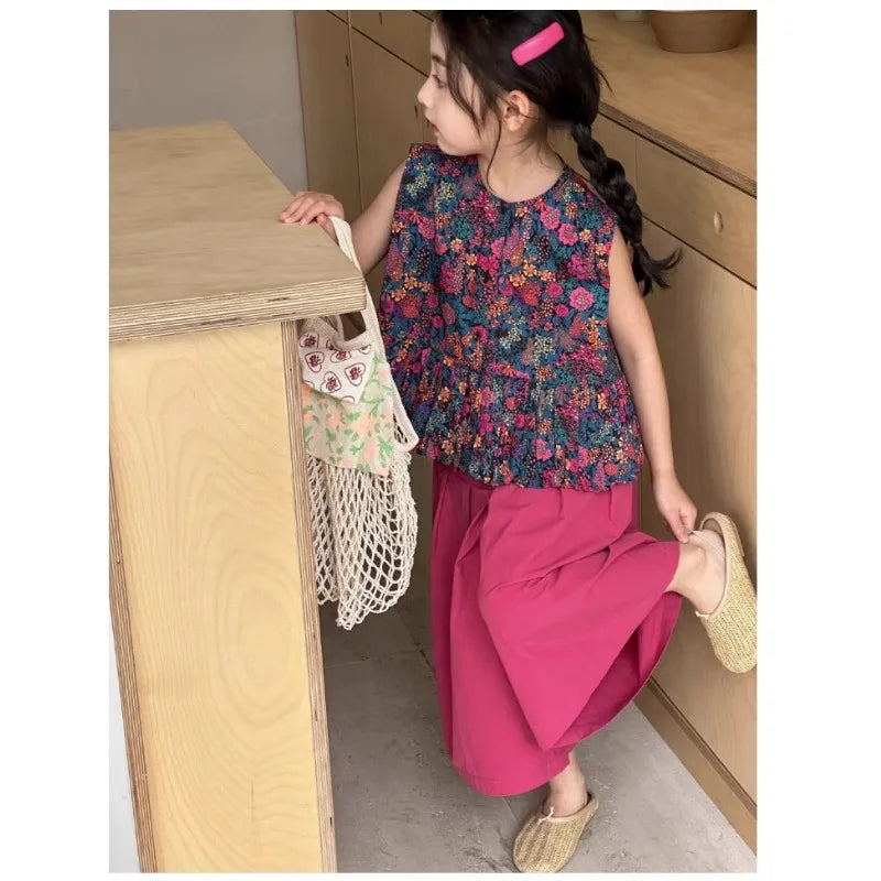 New Summer Infant Baby Girl 2PCS Clothes Set Cotton Floral Print Sleevelss T-shirt Suit Solid Soft Wide Leg Pant Kid Girl Outfit