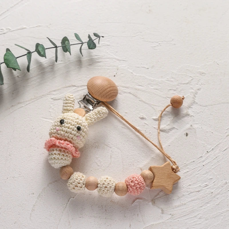 Suzetă croșetată cu iepuraș pentru bebeluși, clips de desene animate, suzete pentru bebeluși, suport pentru biberon nou-născut, cadouri pentru sugari, accesoriu pentru nou-născuți