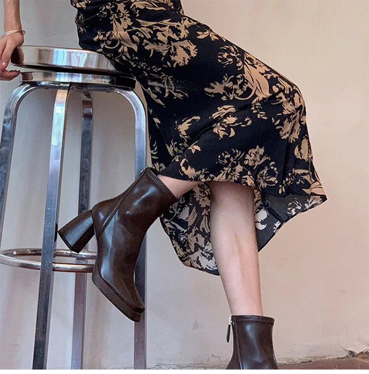 Ohmmayby Vintage Square Toe Damen Stiefeletten Mit Reißverschluss Hinten - Größe EU 37-41, Absatzhöhe 5-8 cm, Knöchelhöhe