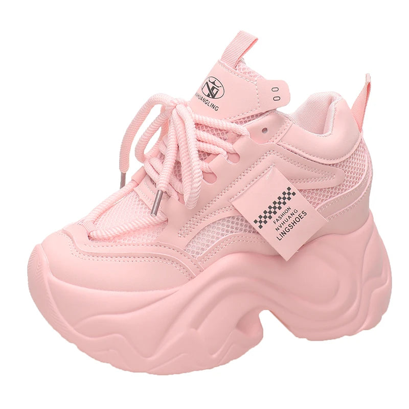 Women High Platform Sneakers New Summer 9.5CM Wedge Heels Thick Sole Leather Shoes Autumn Breathable Mesh Chunky Sneakers Woman