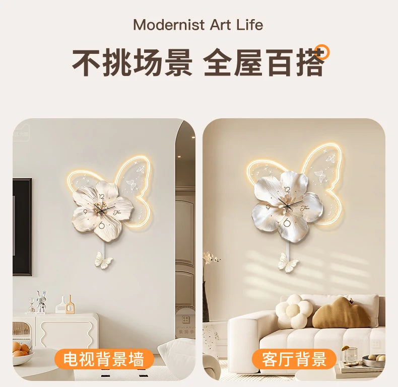 Cream Style Living Room Decoration with LED Light Wall Clock New Home Decor Creative Swinging Clock