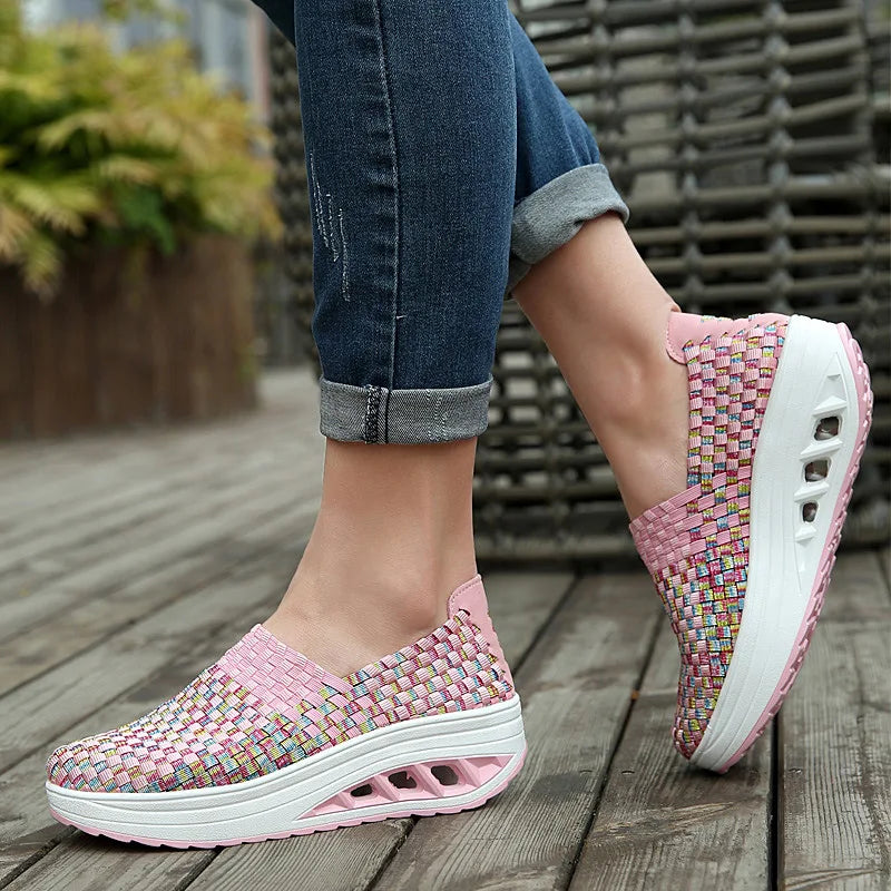 Zapatos De Mujer Sneakers Women's Mixed Color Woven Wedge Rocking Shoes Lightweight Non-slip Breathable Loafers Chaussure Femmes