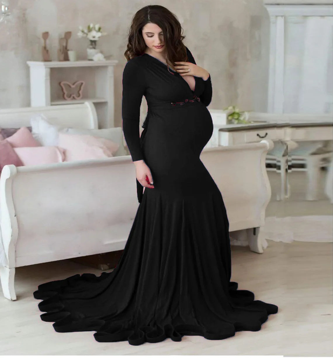 Rochie de maternitate pentru femei, primăvară-toamnă, elegantă, subțire, cu decolteu în V, mânecă lungă, tip sirenă, Maxi, pentru fotografie, ședință foto pentru bebeluși