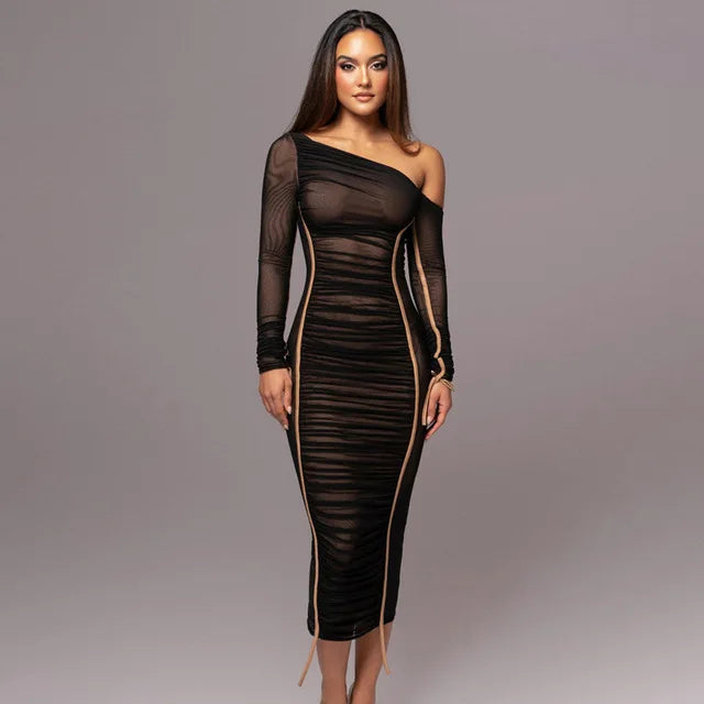Elegant Women Dresses Diagonal Collar Long Sleeve Two Layer Mesh Backless Pleated Bodycon Sexy Club Party Evening Dress