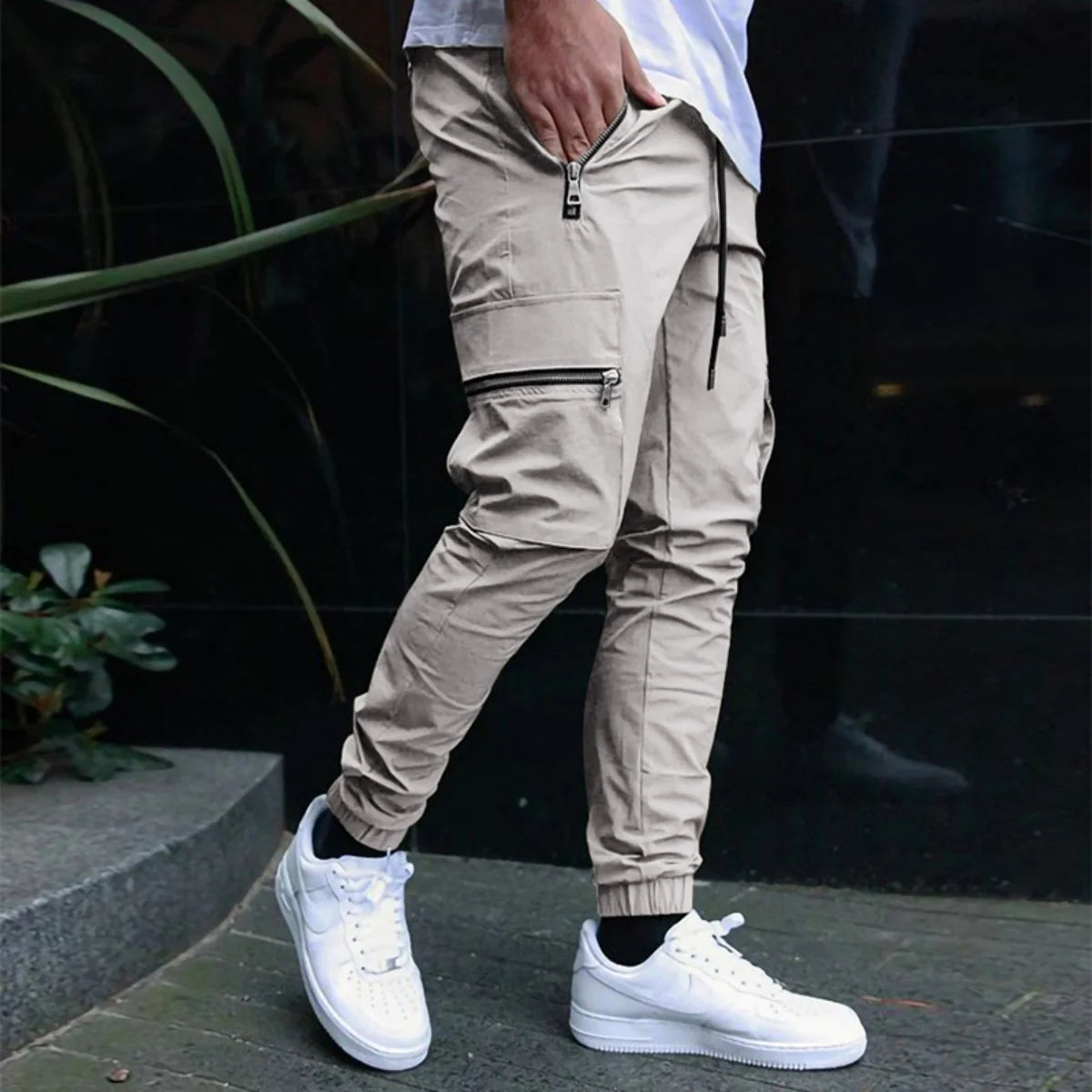 Salopetă casual pentru bărbați, primăvară și toamnă, nouă, cu cordon, personalitate, cu buzunar cu fermoar, pentru picior mic, pantaloni creion, pantaloni lungi