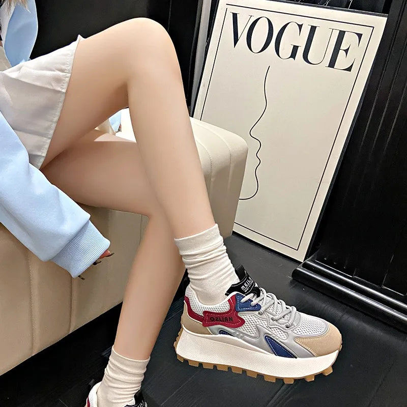 Women‘s Trendy Color-blocked Brand Design Thick-soled Sneakers 2024 Spring and autumn New  Lace-up Mesh Breathable Tennis Shoes