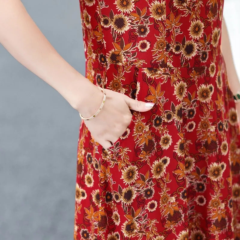 Elegant Women Dress Elegant Casual V-Neck Print Vintage Ladies Mid-Calf High Waist Summer Bohemian Dresses