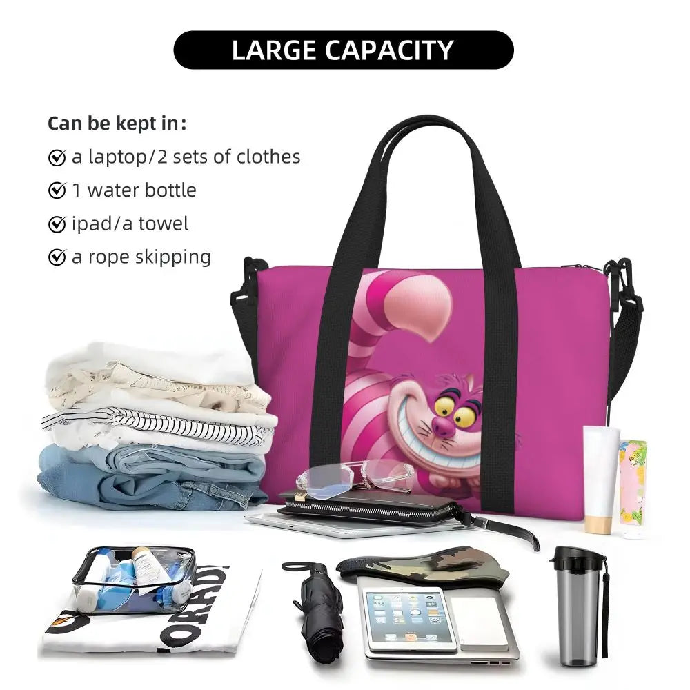 Geantă de plajă personalizată cu pisica Cheshire pentru femei, cu compartiment mare pentru sală și plajă, We're All Mad Here Cat