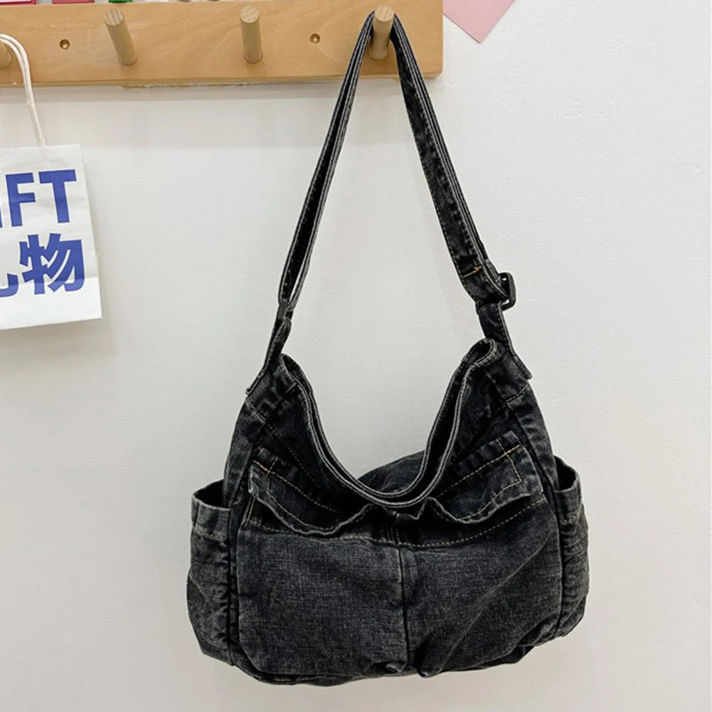 Women Stylish Crossbody Bag Large Capacity Denim Casual Satchel Bag Adjustable Strap Daily Tote Bag Multifunction Chic Hobo Bag