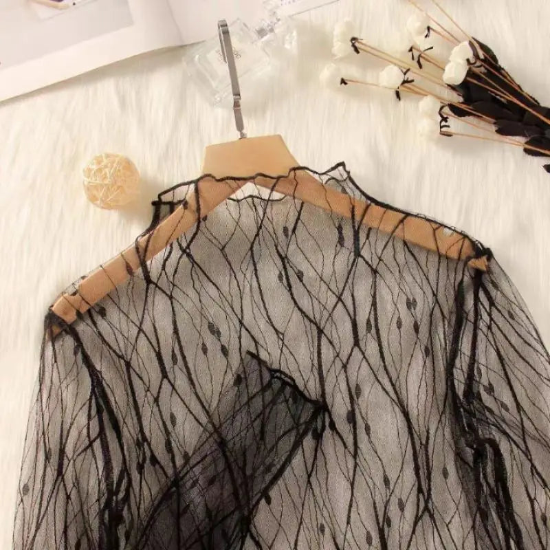 Women's T-shirt Summer Outfits Long Sleeve Pullover See Through Tops Fashion Lady Sexy Tops Mesh Slim Chiffon Tees New Black Top