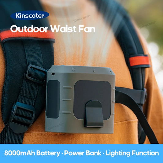 KINSCOTER Tragbarer Outdoor Hüft-Ventilator - 8000mAh LED Beleuchtung Multifunktional Nacken-Ventilator Power Bank