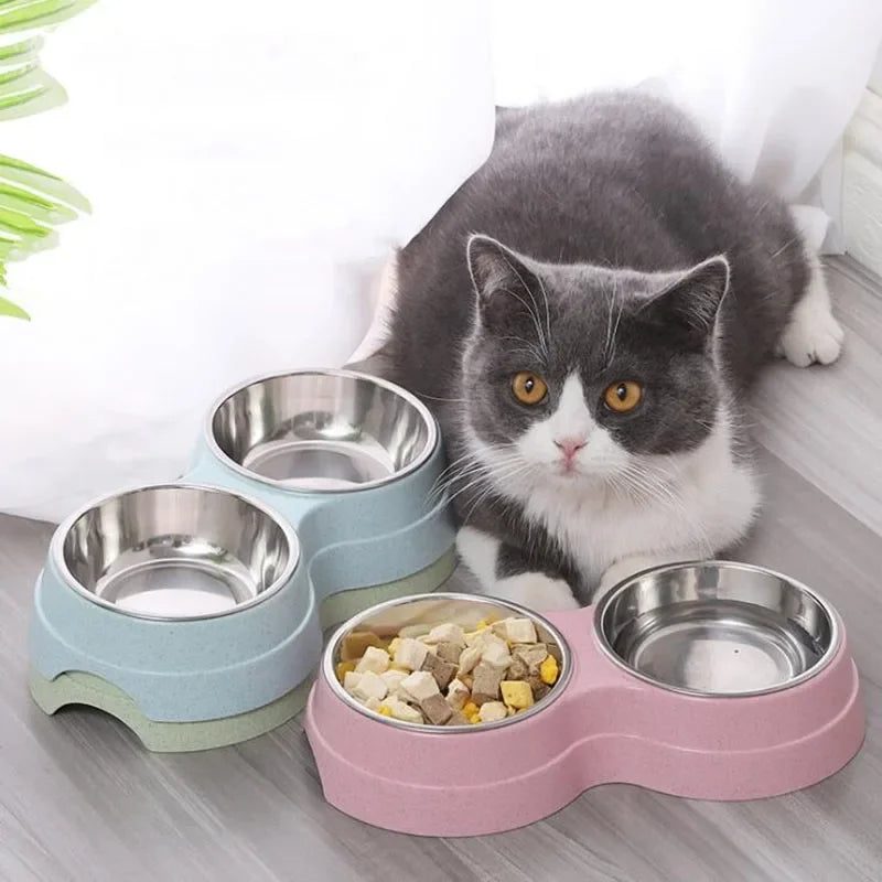 Dual pet bowl dog food water dispenser dual-purpose stainless steel pet water dispenser type cat and puppy feeding supplies