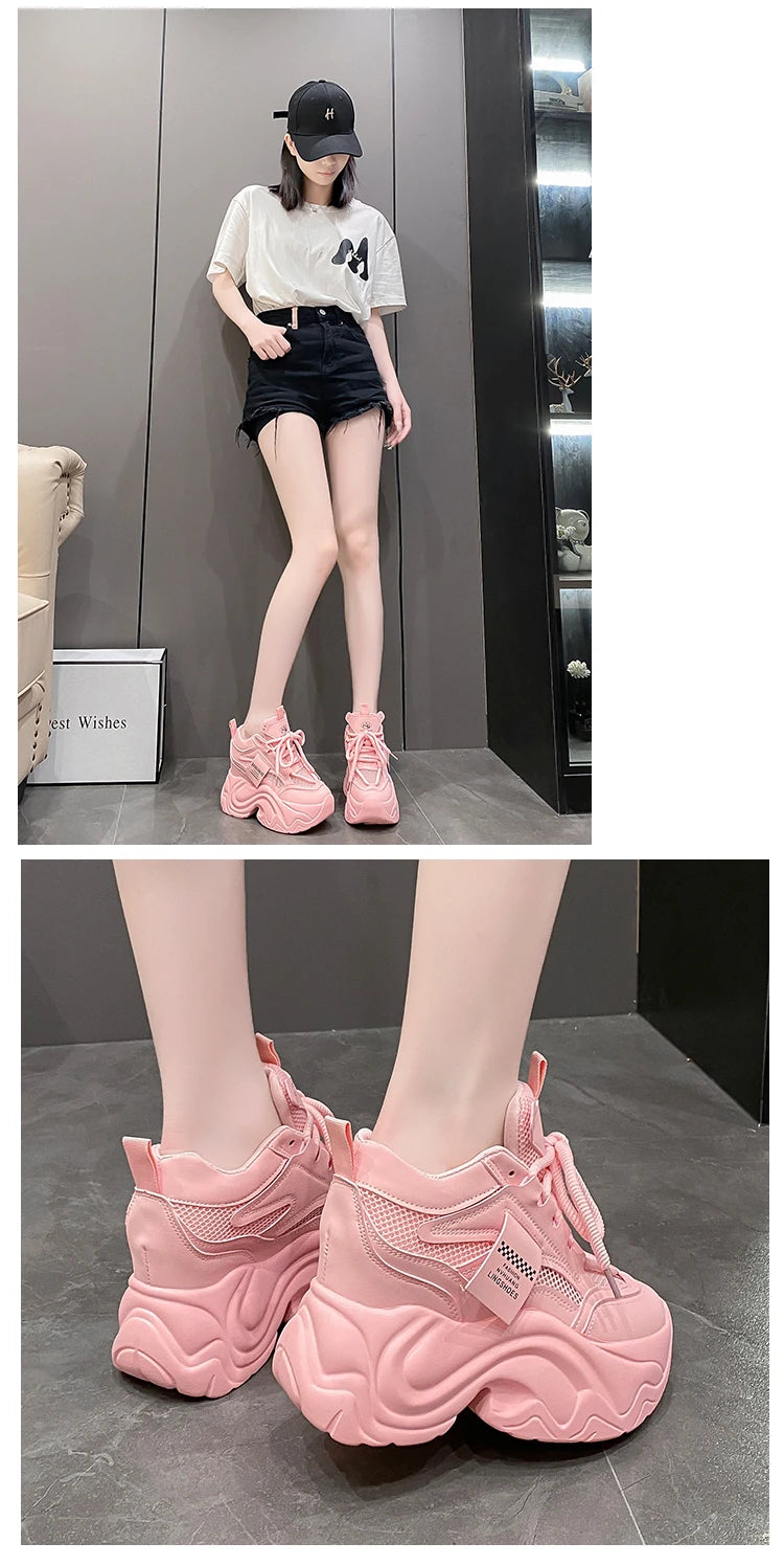 Women High Platform Sneakers New Summer 9.5CM Wedge Heels Thick Sole Leather Shoes Autumn Breathable Mesh Chunky Sneakers Woman