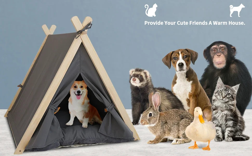 Pet Tent Nest Removable and Easy To Wash with Thick Soft and Comfortable Pad Warm Wooden Tent Bed Suitable for Cats and Dogs