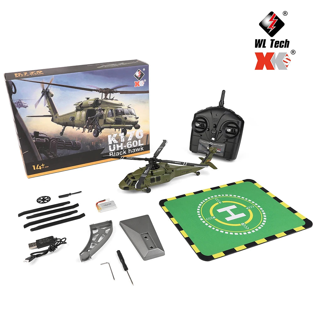 Wltoys K170 RC elicopter UH-60L 4 canale telecomandă elicoptere fără perii cu giroscop și lumină LED durabilă avion jucărie