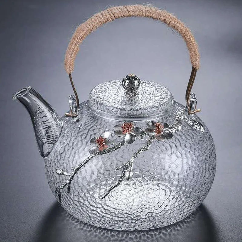 Japanese-style Hammer Pattern High Temperature Resistant Glass Tin Flower Copper Handle Beam Pot Teapot Glass Tea Set